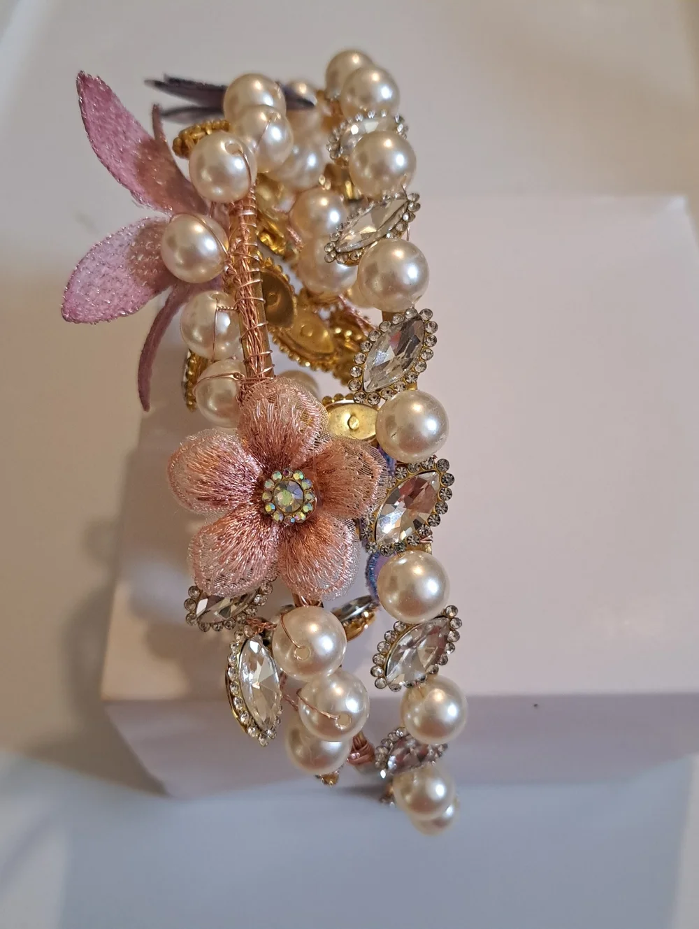 Rhinestone Tiara with Floral and Pearl Accents